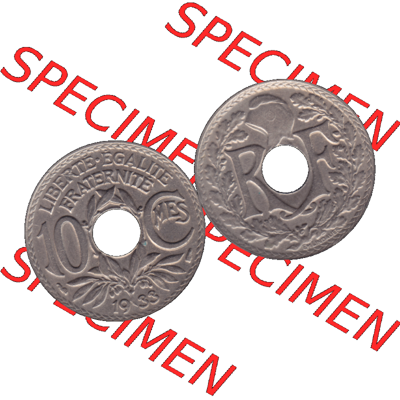 Münzen Frankreich Umlaufmünze in PNG einer Münze aus Frankreich 1917-1938, 10 Centimes, Cent 1933-01. Vorderseite und Rückseite horizontal auf einen digitalen Bild... Sammlung