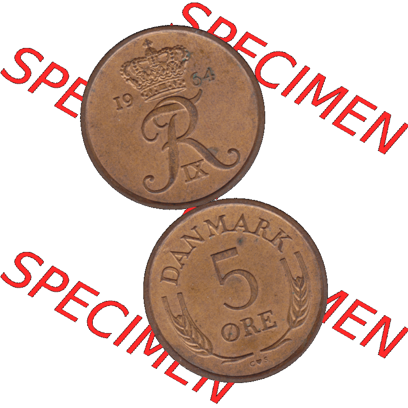 Alte Münze aus Dänemark als PNG-Grafik 1960-1972, 5 Öre 1964-01. Vorderseite und Rückseite vertikal auf einen digitalen Bild der alten dänischen Umlaufmünze aus... Sammlung