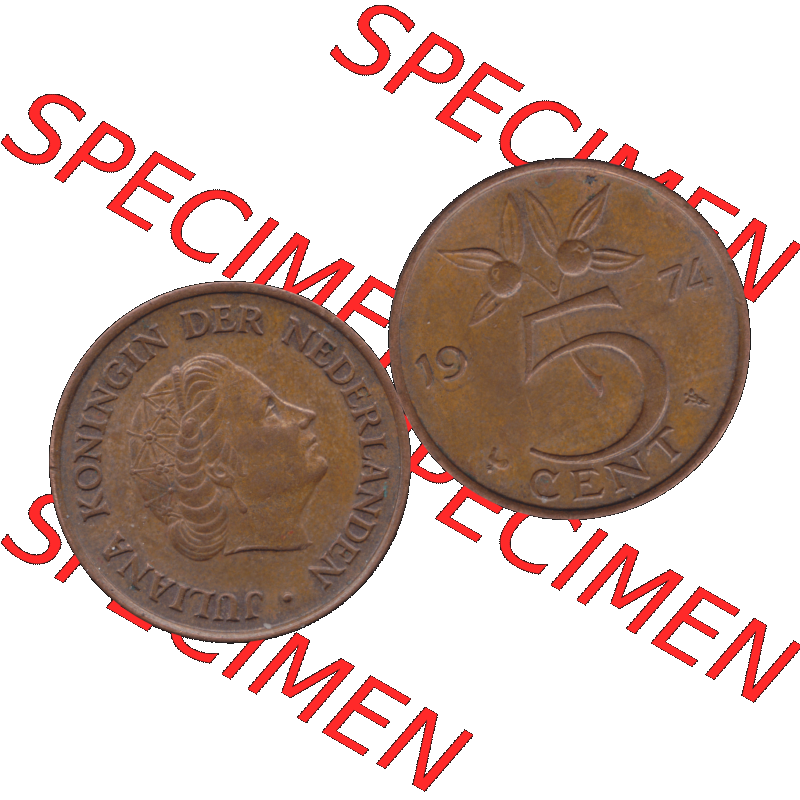 Alte Münze der Niederlande 1951-1975, in PNG digitalisiert 1950-1980, 5 Cent Königin Juliana 1974-01. Vorderseite und Rückseite horizontal auf einen digitalen Bild der... Sammlung