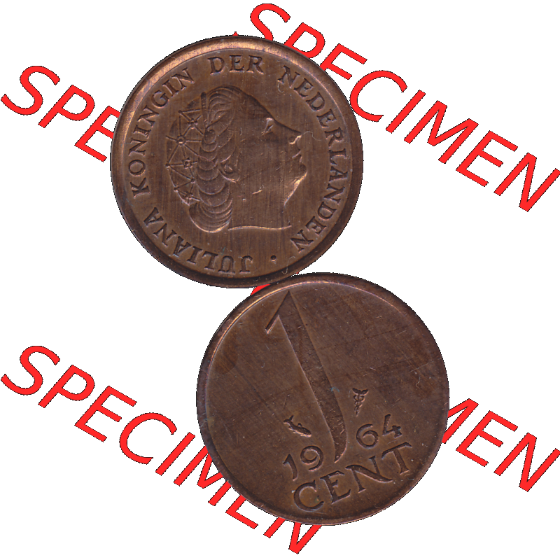 Alte Münze der Niederlande 1951-1975, in PNG digitalisiert 1950-1980, 1 Cent Königin Juliana 1964-02. Vorderseite und Rückseite vertikal auf einen digitalen Bild der alten... Sammlung