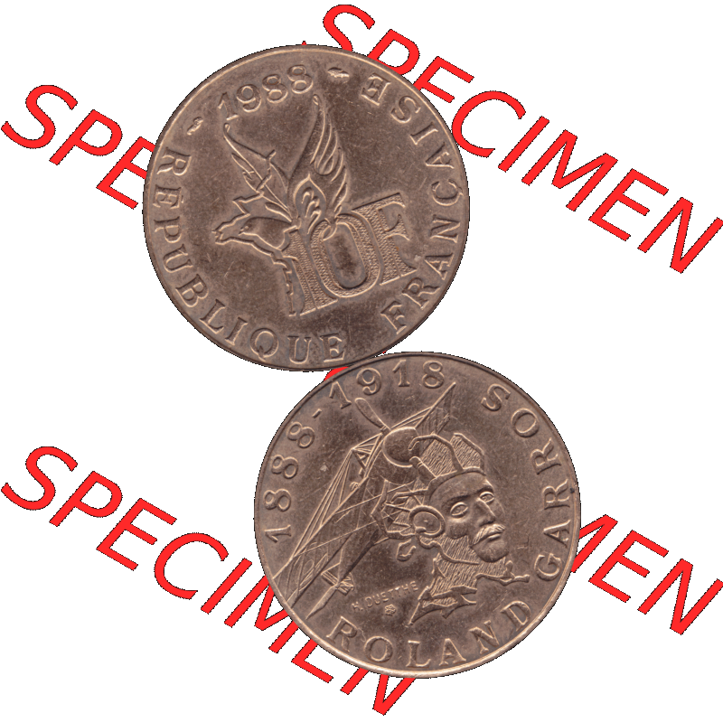 Münzen Frankreich Umlaufmünze 1988-1988, 10 Francs Roland Garros-01 1988-01. Vorderseite und Rückseite vertikal auf einen digitalen Bild der alten französischen Umlaufmünze... Sammlung