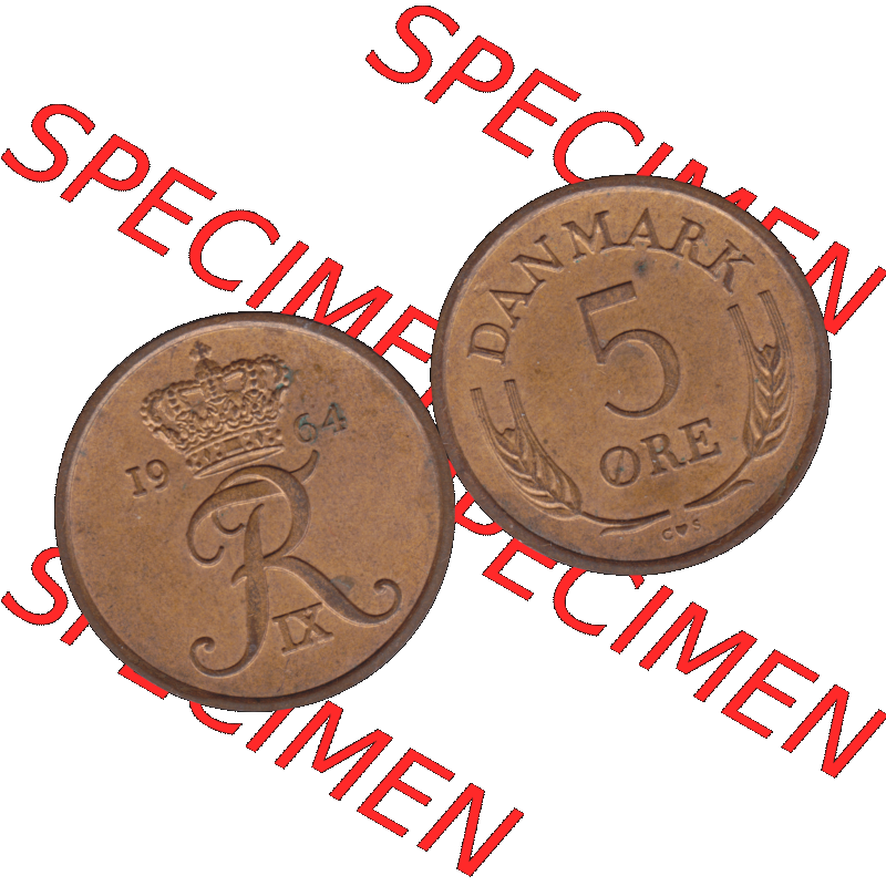 Alte Münze aus Dänemark als PNG-Grafik 1960-1972, 5 Öre 1964-01. Vorderseite und Rückseite horizontal auf einen digitalen Bild der alten dänischen Umlaufmünze... Sammlung