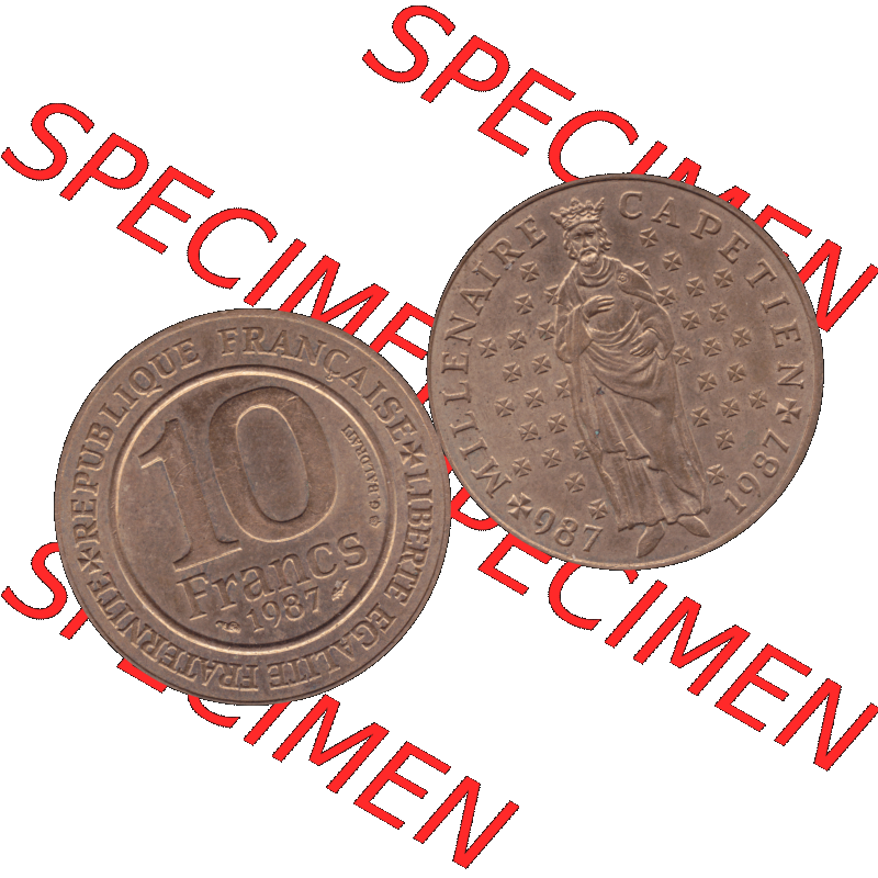 Münzen Frankreich Umlaufmünze 1987-1987, 10 Francs 1000 Jahre König Hugo Capet erster König von Frankreich 1987-01. Vorderseite und Rückseite horizontal auf einen... Sammlung
