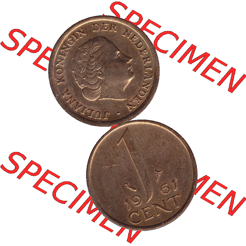 Alte Münze der Niederlande 1951-1975, in PNG digitalisiert 1950-1980, 1 Cent Königin Juliana 1961-02. Vorderseite und Rückseite vertikal auf einen digitalen Bild der alten... Sammlung
