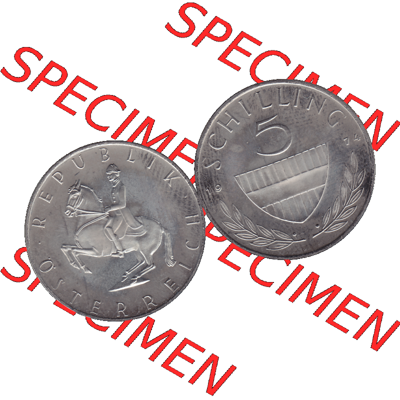 Alte Münze aus KMS Österreich, Kursmünzensatz 1974 in PP 1968-2001, 5 Schilling 1974-01. Vorderseite und Rückseite horizontal auf einen digitalen Bild der alten österreichischen... Sammlung