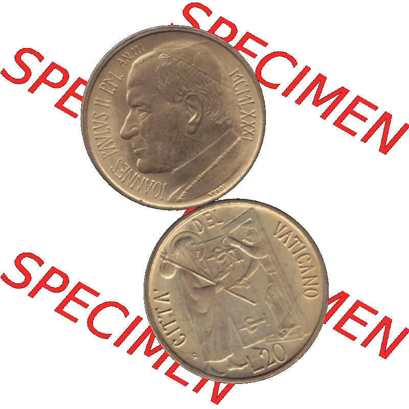 Alte Münze aus der Vatikanstadt / Vatikan als PNG-Grafik 1981-1981, 20 Lire Papst Johannes Paul II 1981-01. Vorderseite und Rückseite vertikal auf einen digitalen Bild der alten... Sammlung