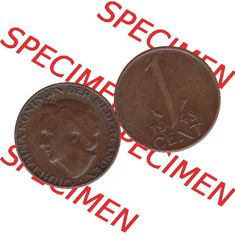 Alte Münze aus der Niederlande 1926-1950, in PNG digitalisiert 1948-1948, 1 Cent Königin Wilhelmina 1948-02. Vorderseite und Rückseite horizontal auf einen digitalen Bild... Sammlung