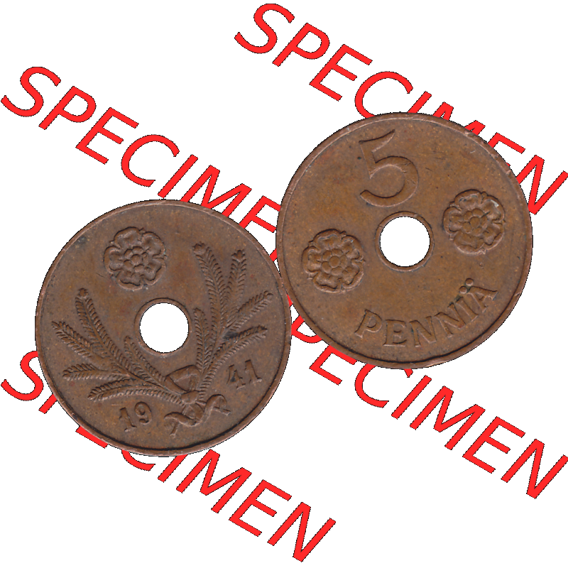 Alte Münzen KMS Finnland, Kursmünzensatz Finnland in transparenten digitalen PNG-Format 1941-1943, 5 Penny, Penniä, Kupfer 1941-1. Die digitalisierte Münze... Sammlung