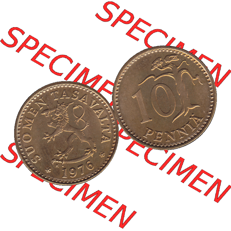Alte Münzen KMS Finnland, Kursmünzensatz 1976 in Stempelglanz als digitales Computerbild in transparenten PNG 1963-1982, 10 Penny, Penniä 1976-1, SUOMEN TASAVALTA.... Sammlung