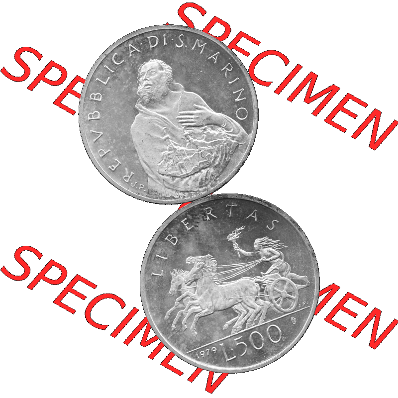 Bildmaterial Münzensatz / KMS 1979 aus San Marino in Graustufen 1979-1979, 500 Lire, Silbermünze J.P. REPVBBLICA DI SAN MARINO, 1979 J.P. L.500... Sammlung
