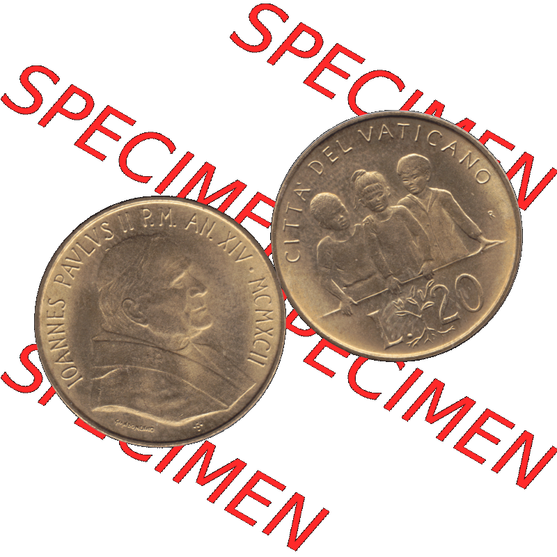Alte Münze aus der Vatikanstadt / Vatikan als PNG-Grafik 1992-1992, 20 Lire Papst Giovanni Paolo II. 1992-01. Vorderseite und Rückseite horizontal auf einen digitalen... Sammlung