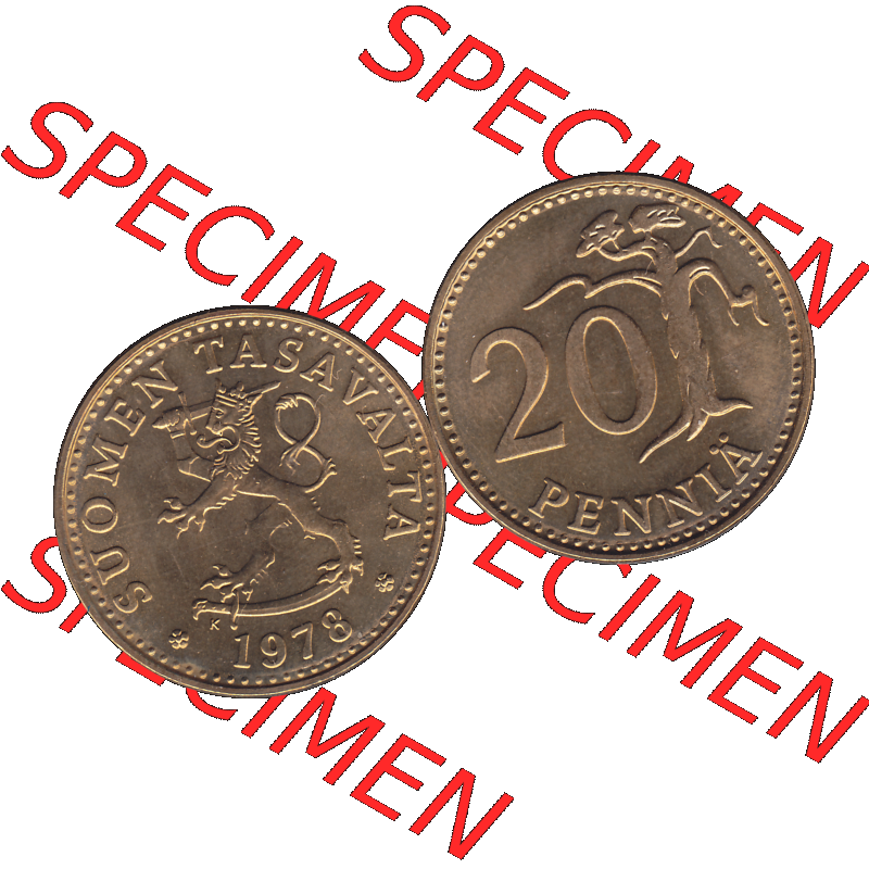 Alte Münzen KMS Finnland, Kursmünzensatz 1978 in Stempelglanz als digitales Computerbild einer finnischen digitalisierten Münze in transparenten PNG 1963-1990, 20 Penny,... Sammlung