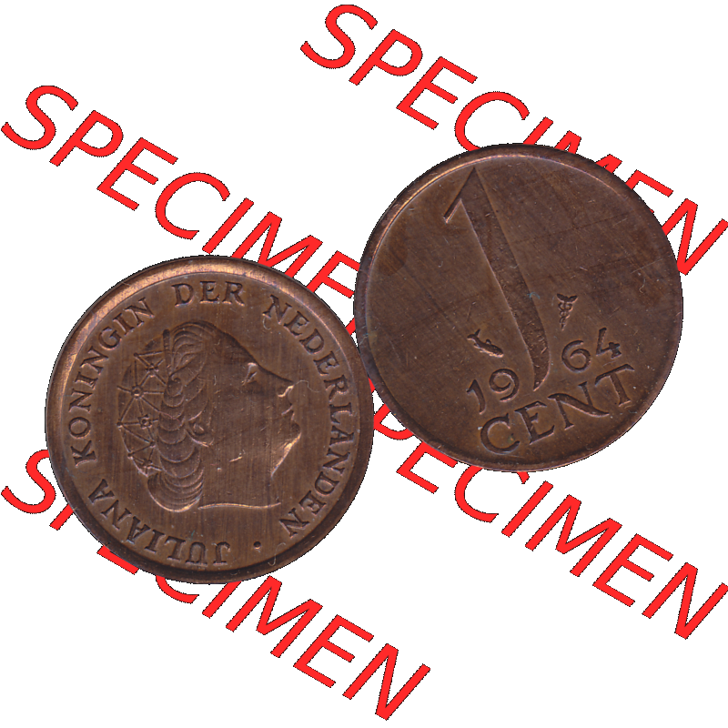 Alte Münze der Niederlande 1951-1975, in PNG digitalisiert 1950-1980, 1 Cent Königin Juliana 1964-02. Vorderseite und Rückseite horizontal auf einen digitalen Bild der... Sammlung