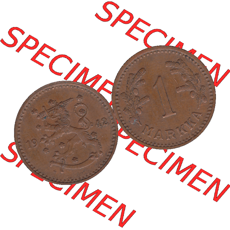 Alte Münzen KMS Finnland, Kursmünzensatz Finnland in transparenten digitalen PNG-Format 1940-1951, 1 finnische Mark, Markka, Kupfer 1942-1. Die digitalisierte Münze... Sammlung