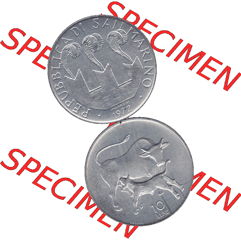 Bildmaterial in PNG-Grafiken Münzensatz / KMS 1972 aus San Marino 1972-1972, Münze 10 Lire 1972, MONASSI REPUBBLICA DI SAN MARINO, 10 LIRE. Die digitalisierte Münze... Sammlung