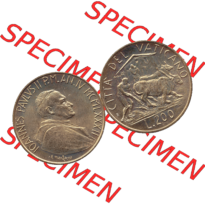 Alte Münze aus der Vatikanstadt / Vatikan als PNG-Grafik Münze Vatikanstadt 1982-1982, 200 Lire, E. MANFRINI IOANNES PAVLVS II P M 1982-01. Vorderseite und Rückseite... Sammlung