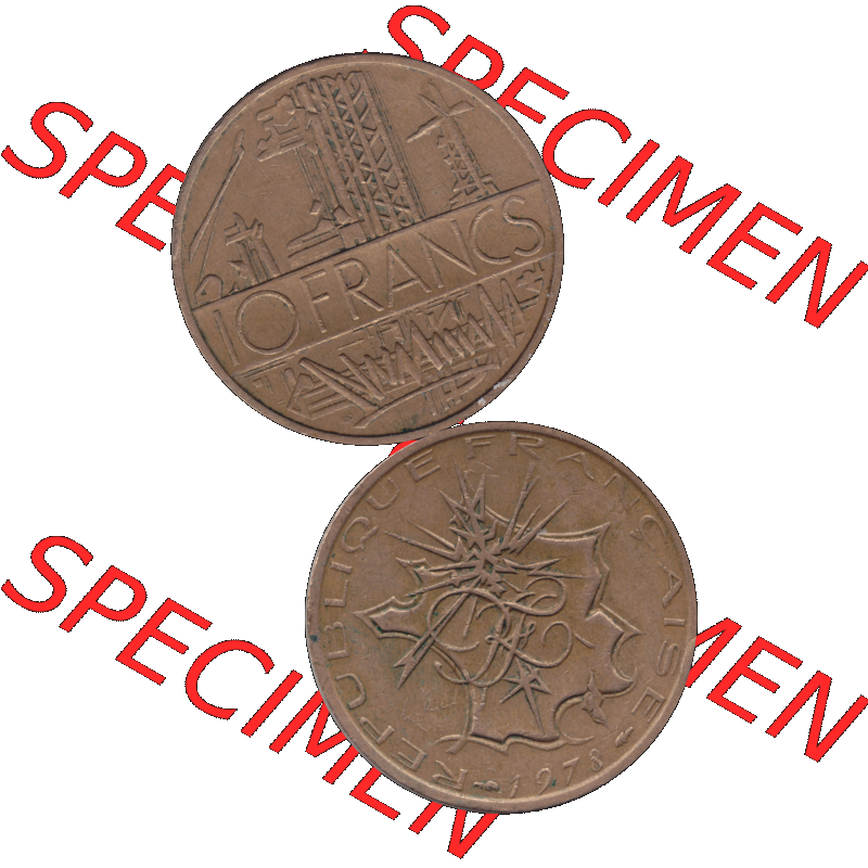 Münzen Frankreich Umlaufmünze 1974-1987, 10 Franken-Francs 1978-01. Vorderseite und Rückseite vertikal auf einen digitalen Bild der alten französischen Umlaufmünze... Sammlung