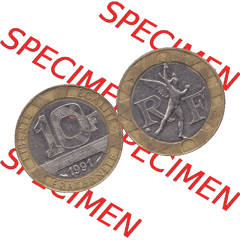 Münzen Frankreich Umlaufmünze 1991-1991, 10 Francs-01 1991-01. Vorderseite und Rückseite horizontal auf einen digitalen Bild der alten französischen Umlaufmünze aus... Sammlung