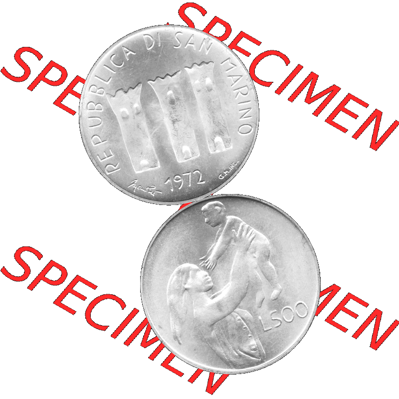 Bildmaterial Münzensatz / KMS 1972 aus San Marino in Graustufen 1972-1972, 500 Lire 1972 L. 500 REPUBBLICA DI SAN MARINO, Silbermünze Graustufen. PNG Computer-Grafik... Sammlung