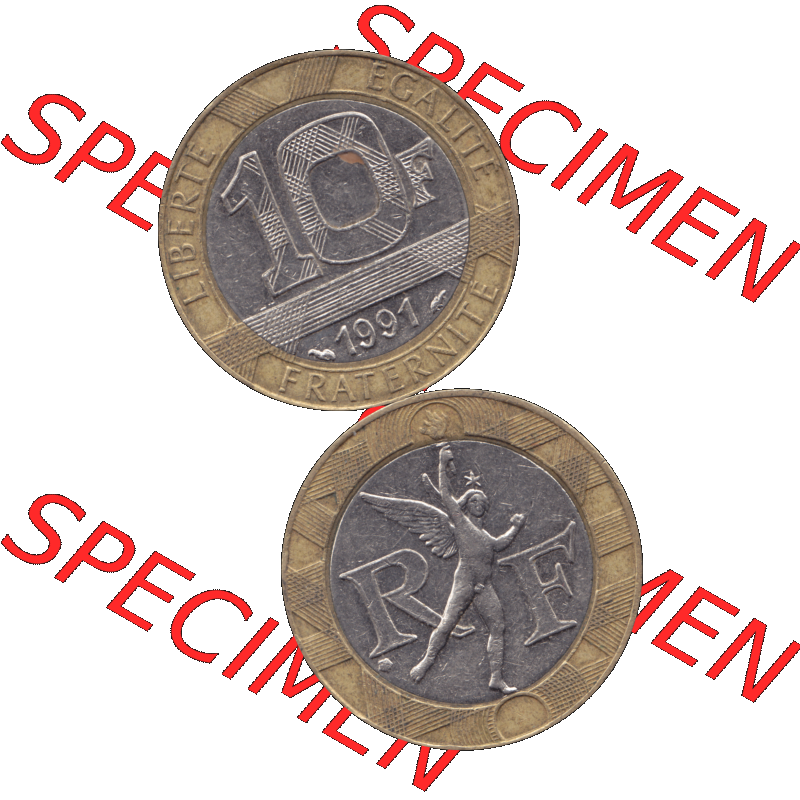 Münzen Frankreich Umlaufmünze 1991-1991, 10 Francs-01 1991-01. Vorderseite und Rückseite vertikal auf einen digitalen Bild der alten französischen Umlaufmünze aus... Sammlung