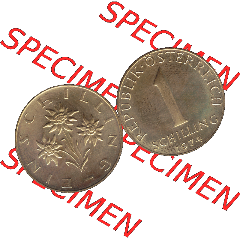Alte Münze aus KMS Österreich, Kursmünzensatz 1974 in PP 1959-2001, 1 Schilling 1974-01. Vorderseite und Rückseite horizontal auf einen digitalen Bild der alten österreichischen... Sammlung