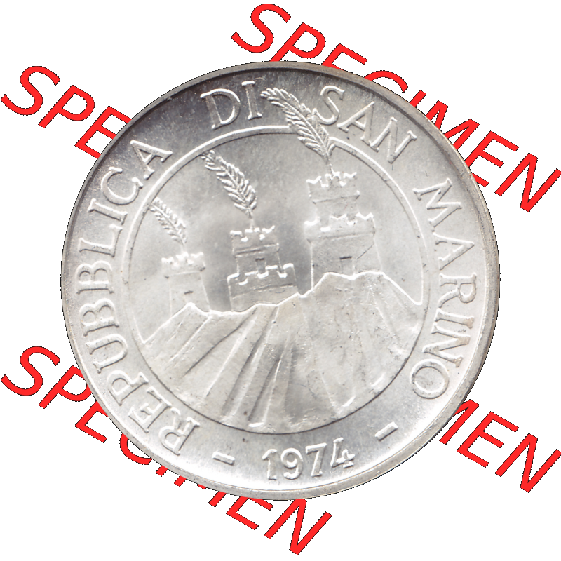 Bildmaterial Münzensatz / KMS 1974 aus San Marino Münze 1974-1974 als transparente PNG-Grafik, 50 Lire Silbermünze, L.500 MINGUZZI MONASSI INC.. Vorderseite... Sammlung