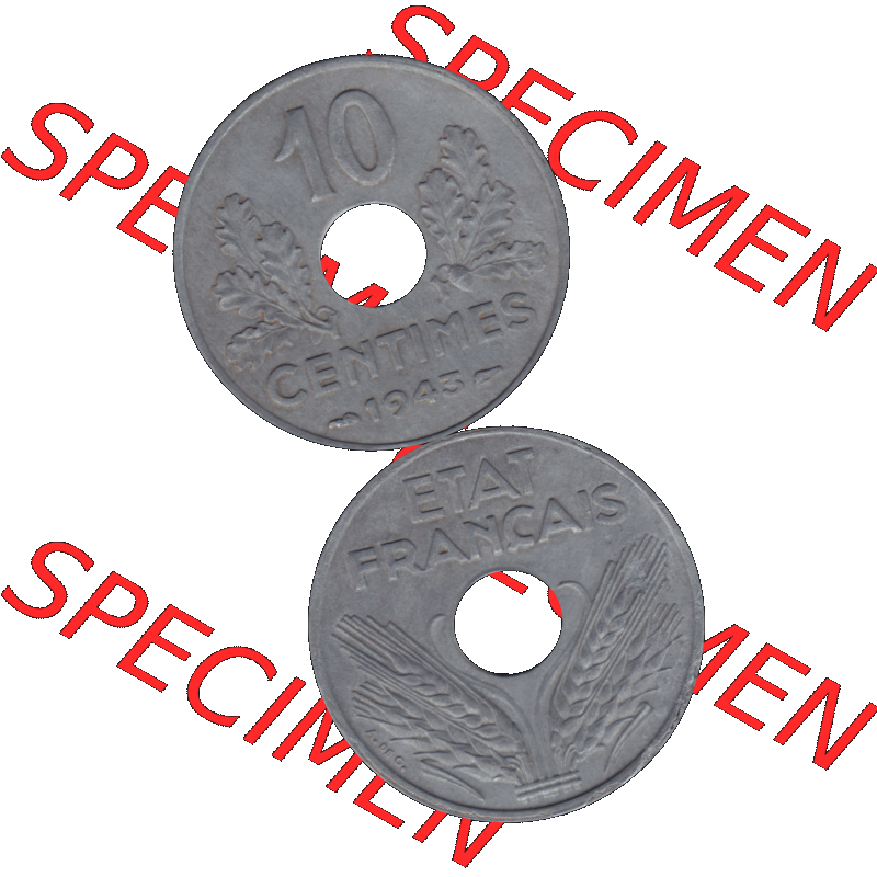 Münzen Frankreich Umlaufmünze in PNG einer Münze aus Frankreich 1941-1943, 10 Centimes, Etat Francais 1943-01. Vorderseite und Rückseite vertikal auf einen digitalen... Sammlung