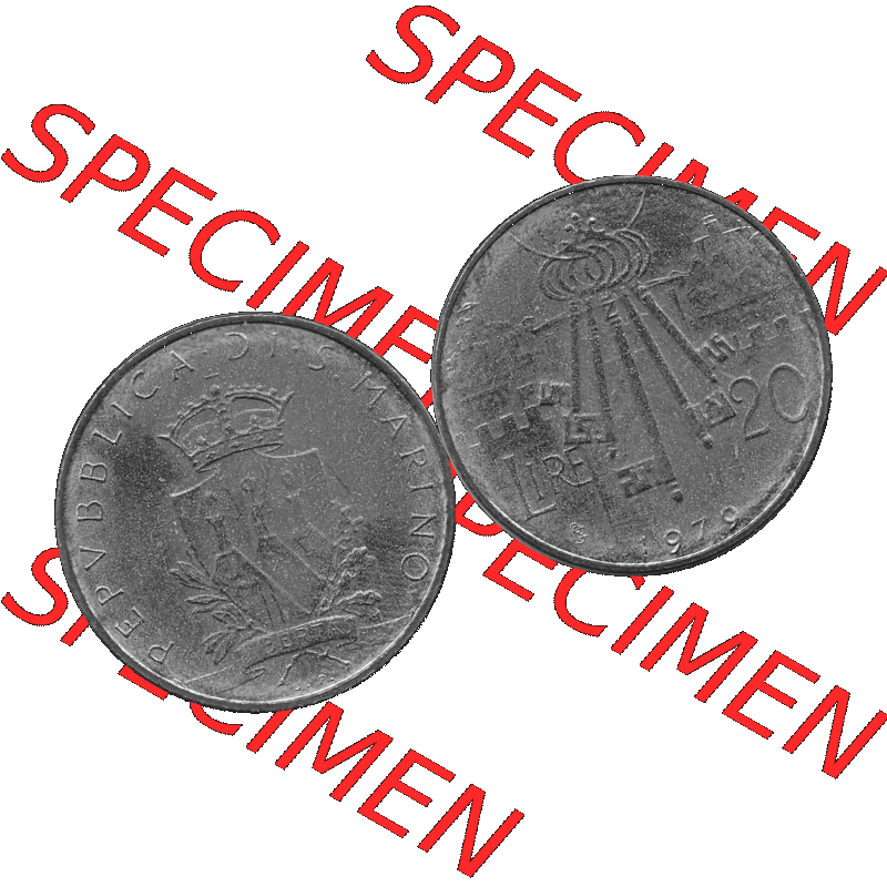 Bildmaterial Münzensatz / KMS 1979 aus San Marino in Graustufen 1979-1979, 20 Lire, J. V. LIBERTAS REPVBBLICA DI S. MARINO, 1979 20 LIRE Graustufen.... Sammlung