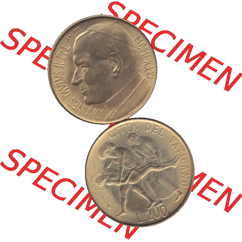 Alte Münze aus der Vatikanstadt / Vatikan als PNG-Grafik 1981-1981, 200 Lire Papst Johannes Paul II 1981-01. Vorderseite und Rückseite vertikal auf einen digitalen Bild der alten... Sammlung