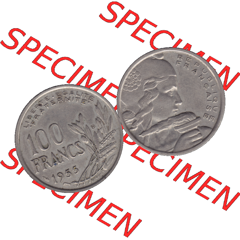 Münzen Frankreich Umlaufmünze 1954-1958; 100 Francs, Franken Typ I. 1955-01. Vorderseite und Rückseite horizontal auf einen digitalen Bild der alten französischen... Sammlung