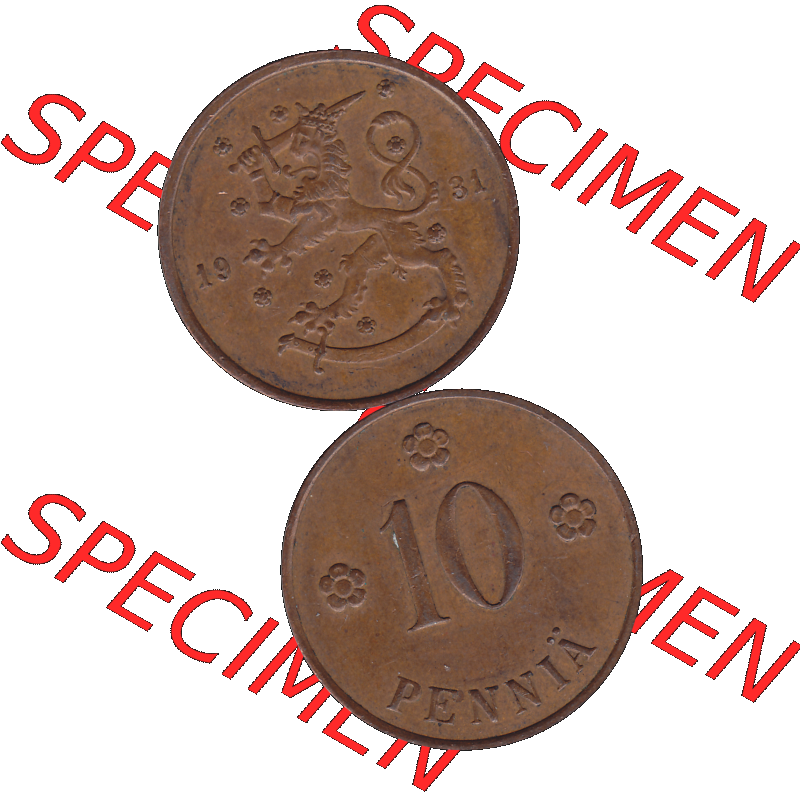 Alte Münzen KMS Finnland, Kursmünzensatz in PNG Design einer finnischen Münze 1919-1940, 10 Penny, Penniä 1931. Digitales transparentes PNG - Bild / als... Sammlung