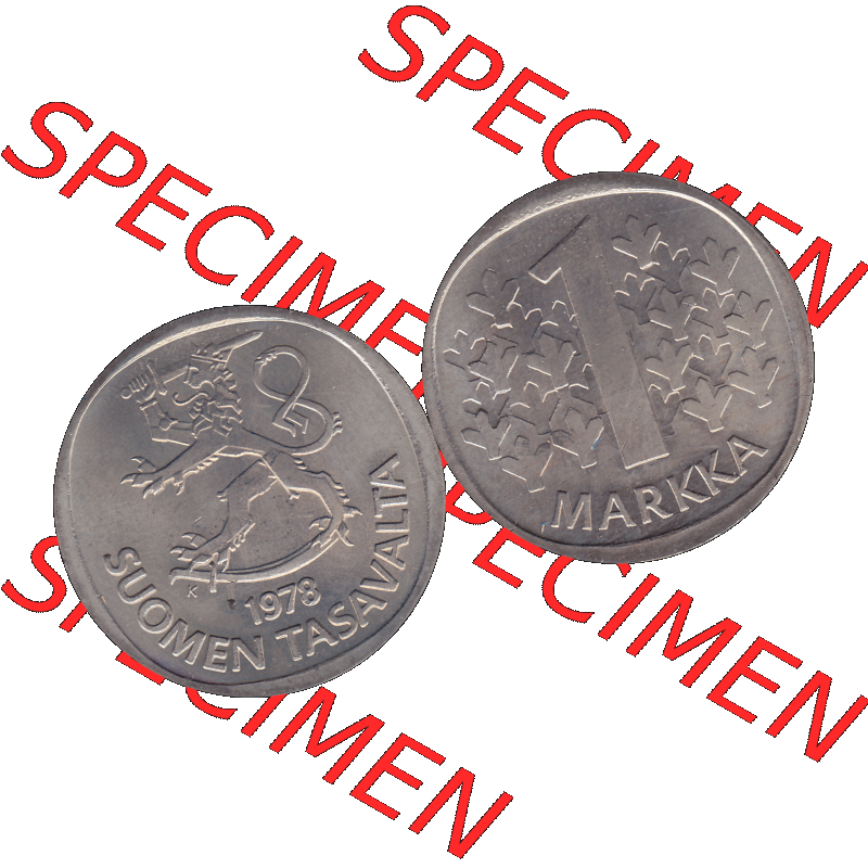 Alte Münzen KMS Finnland, Kursmünzensatz 1978 in Stempelglanz als digitales Computerbild einer finnischen digitalisierten Münze in transparenten PNG 1969-1993, 1 finnische Mark,... Sammlung
