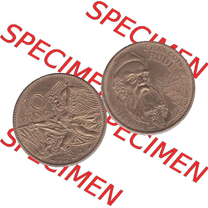 Münzen Frankreich Umlaufmünze 1984-1984, 10 Francs Francois Rude-01 1984-01. Vorderseite und Rückseite horizontal auf einen digitalen Bild der alten französischen Umlaufmünze... Sammlung