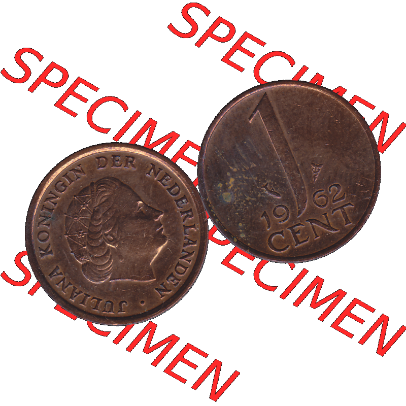 Alte Münze der Niederlande 1951-1975, in PNG digitalisiert 1950-1980, 1 Cent Königin Juliana 1962-01. Vorderseite und Rückseite horizontal auf einen digitalen Bild der... Sammlung