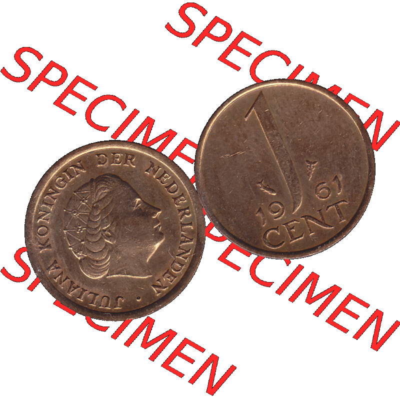 Alte Münze der Niederlande 1951-1975, in PNG digitalisiert 1950-1980, 1 Cent Königin Juliana 1961-02. Vorderseite und Rückseite horizontal auf einen digitalen Bild der... Sammlung
