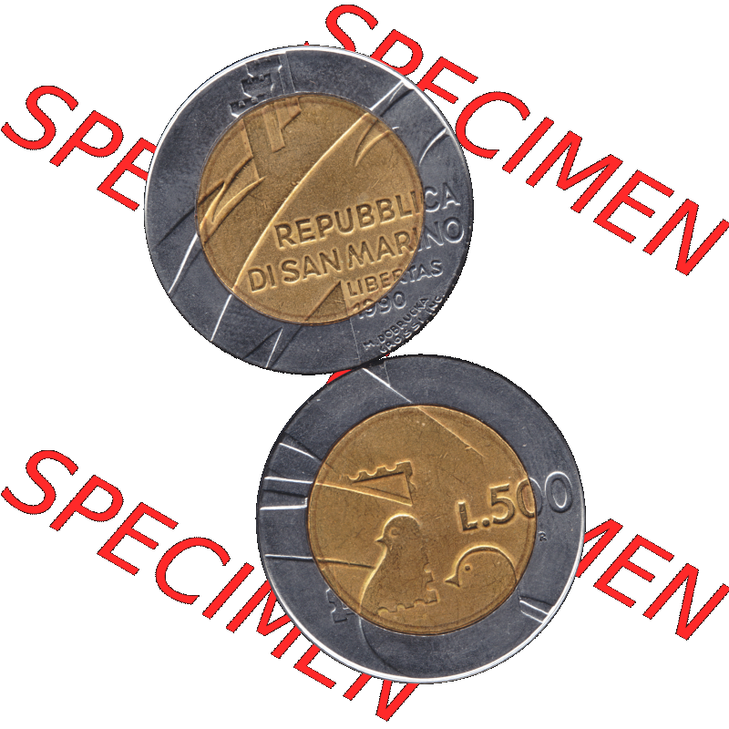 Gedenkmünzen aus San Marino, in PNG 1990-1990, 500 Lire 1600 Jahre San Marino 1990-01. Vorderseite und Rückseite vertikal auf einen digitalen Bild der alten Gedenkmünze... Sammlung