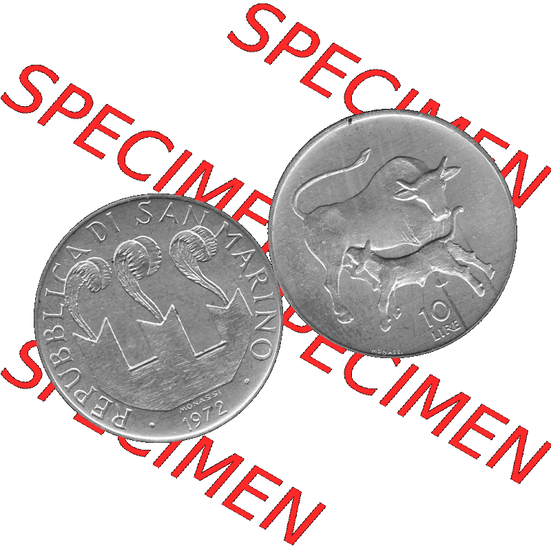 Bildmaterial Münzensatz / KMS 1972 aus San Marino in Graustufen 1972-1972, 10 Lire 1972, MONASSI REPUBBLICA DI SAN MARINO, 10 LIRE Graustufen. PNG Computer-Grafik in Graustufen... Sammlung