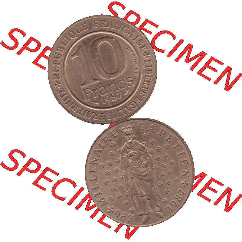 Münzen Frankreich Umlaufmünze 1987-1987, 10 Francs 1000 Jahre König Hugo Capet erster König von Frankreich 1987-01. Vorderseite und Rückseite vertikal auf einen digitalen... Sammlung