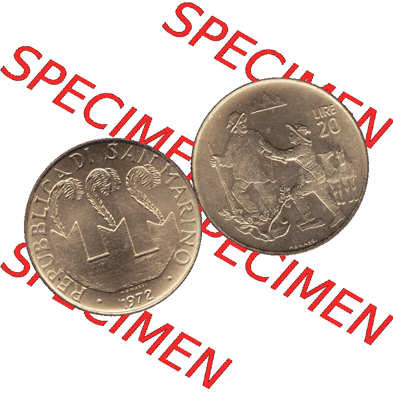 Bildmaterial in PNG-Grafiken Münzensatz / KMS 1972 aus San Marino 1972-1972, Münze 20 Lire, 1972, MONASSI REPUBBLICA DI SAN MARINO. Die digitalisierte Münze... Sammlung