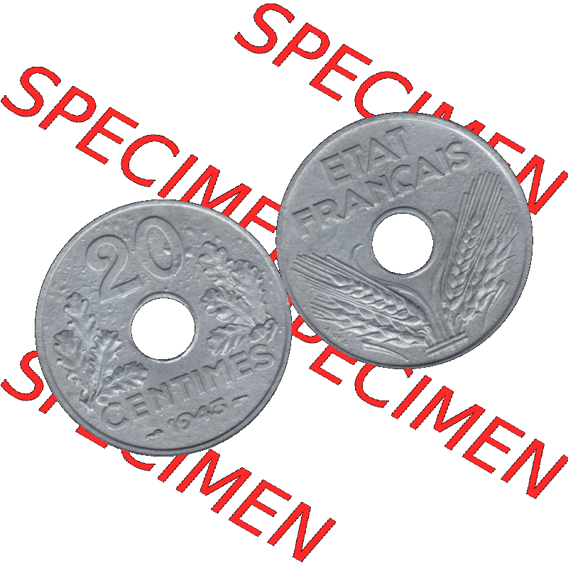 Münzen Frankreich Umlaufmünze in PNG einer Münze aus Frankreich 1941-1944, 20 Centimes, Cent 1943-01. Vorderseite und Rückseite horizontal auf einen digitalen Bild... Sammlung