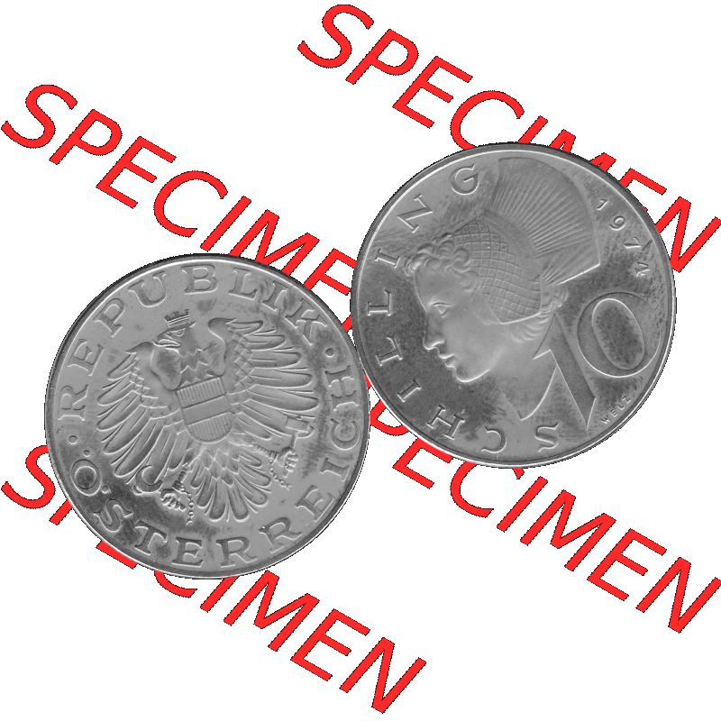 Alte Münze aus KMS Österreich, Kursmünzensatz 1974 in PP 1974-2001, 10 Schilling 1974-01. Vorderseite und Rückseite vertikal auf einen digitalen Graustufen Bild der... Sammlung