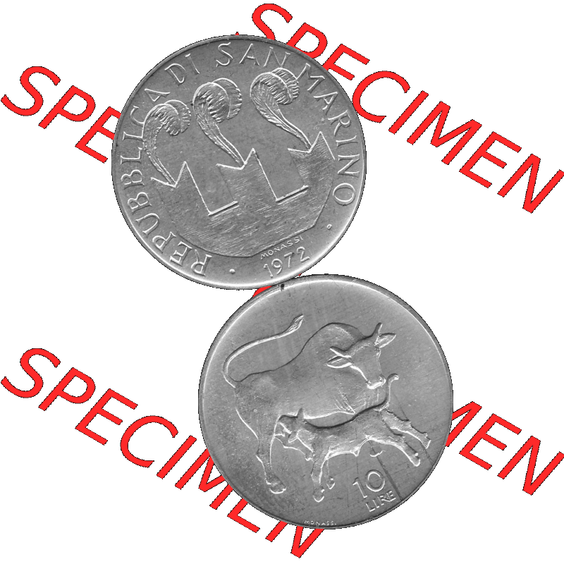 Bildmaterial Münzensatz / KMS 1972 aus San Marino in Graustufen 1972-1972, 10 Lire 1972, MONASSI REPUBBLICA DI SAN MARINO, 10 LIRE Graustufen. PNG Computer-Grafik in Graustufen-PNG... Sammlung