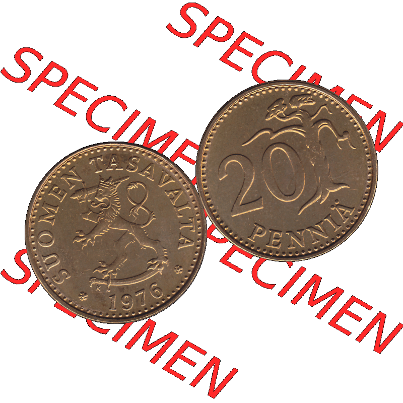 Alte Münzen KMS Finnland, Kursmünzensatz 1976 in Stempelglanz als digitales Computerbild in transparenten PNG 1963-1990, 20 Penny Penniä 1976-1, SUOMEN TASAVALTA.... Sammlung
