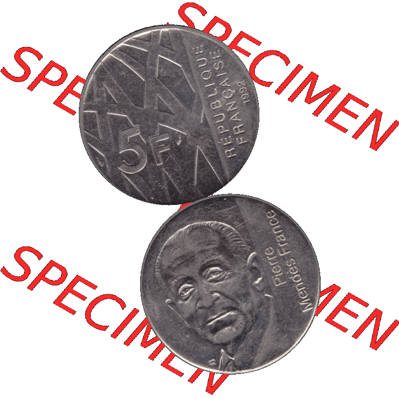 Münzen Frankreich Umlaufmünze 1992-1992, 5 Francs Franken in Nickel 1992-01. Vorderseite und Rückseite vertikal auf einen digitalen Bild der alten französischen Umlaufmünze... Sammlung