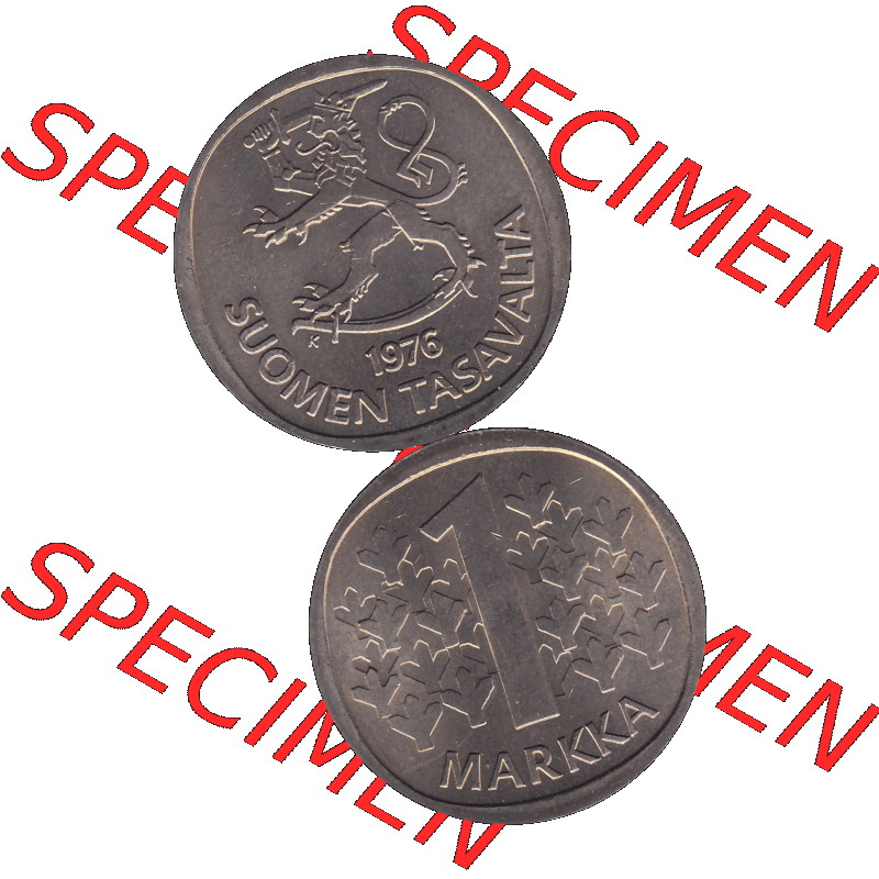 Alte Münzen KMS Finnland, Kursmünzensatz 1976 in Stempelglanz als digitales Computerbild in transparenten PNG 1969-1993, 1 Finnische Mark, Markka 1976-1, SUOMEN TASAVALTA.... Sammlung