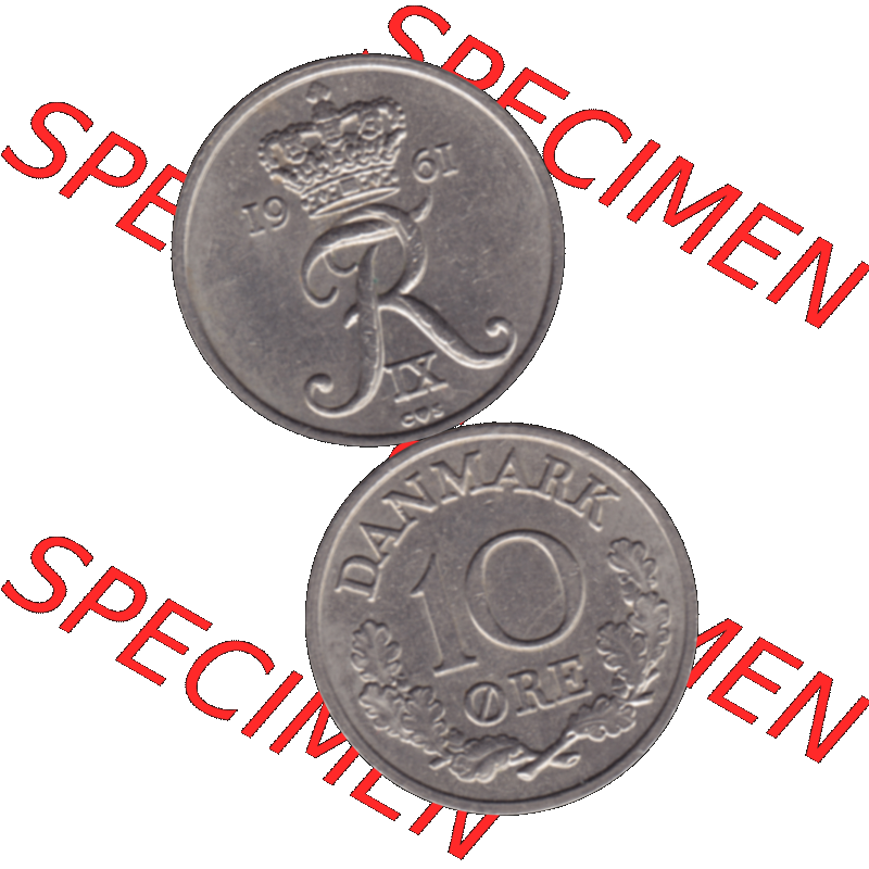 Alte Münze aus Dänemark als PNG-Grafik 1960-1972, 10 Öre 1961-01. Vorderseite und Rückseite vertikal auf einen digitalen Bild der alten dänischen Umlaufmünze... Sammlung