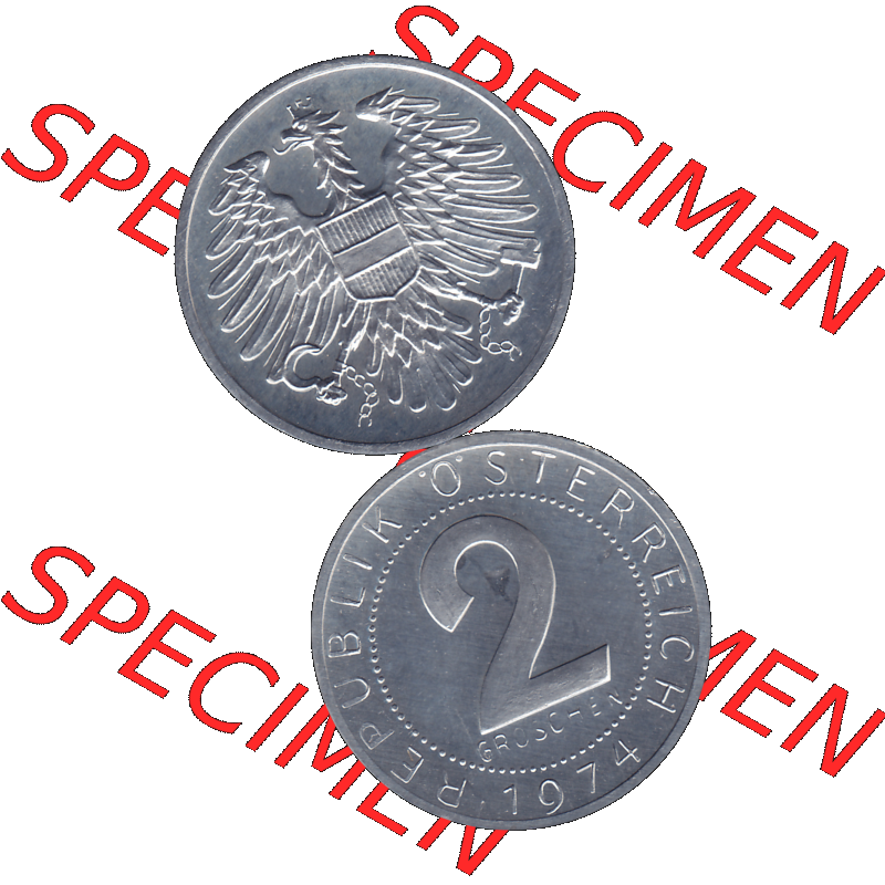 Alte Münze aus KMS Österreich, Kursmünzensatz 1974 in PP 1950-1994, 2 Groschen 1974-01. Vorderseite und Rückseite vertikal auf einen digitalen Bild der alten österreichischen... Sammlung