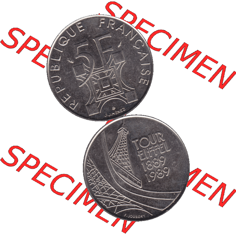 Münzen Frankreich Umlaufmünze 1989-1989, 5 Francs Franken Eiffelturm 1989-01. Vorderseite und Rückseite vertikal auf einen digitalen Bild der alten französischen Umlaufmünze... Sammlung