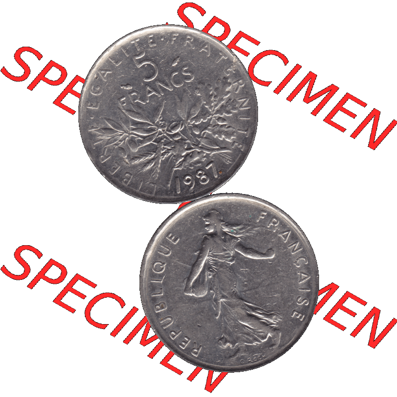 Münzen Frankreich Umlaufmünze 1970-2001, 5 Francs Liberte Egalite Fraternite 1987-01. Vorderseite und Rückseite vertikal auf einen digitalen Bild der alten französischen... Sammlung