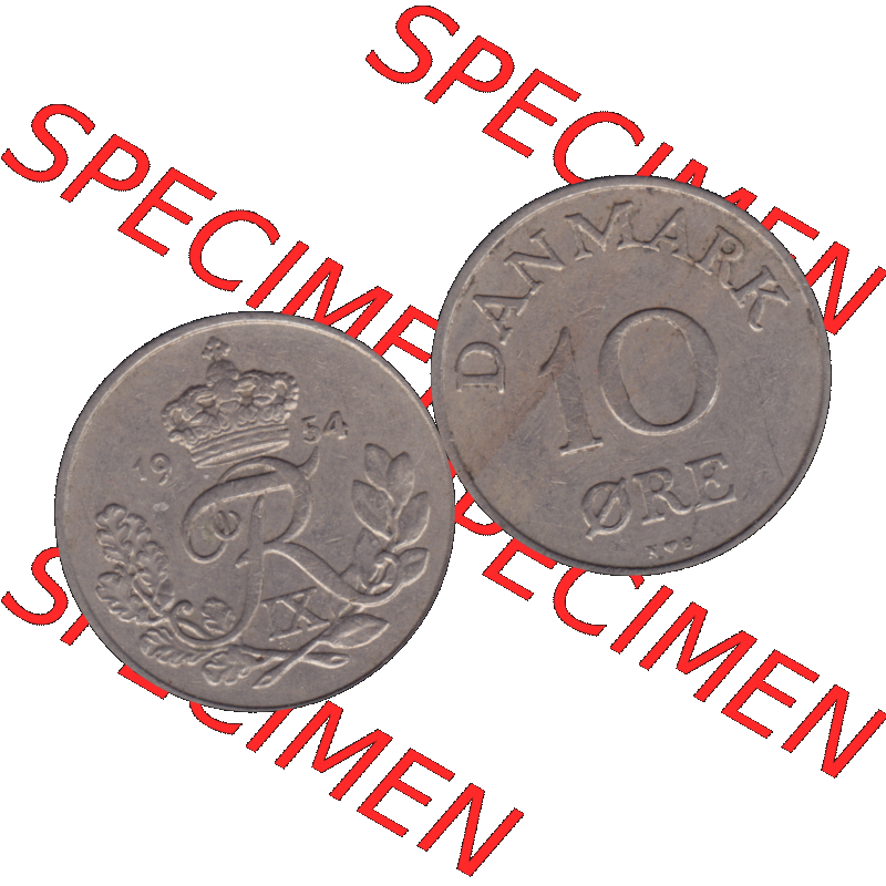 Alte Münze aus Dänemark als PNG-Grafik 1948-1960, 10 Öre 1954-01. Vorderseite und Rückseite horizontal auf einen digitalen Bild der alten dänischen Umlaufmünze... Sammlung